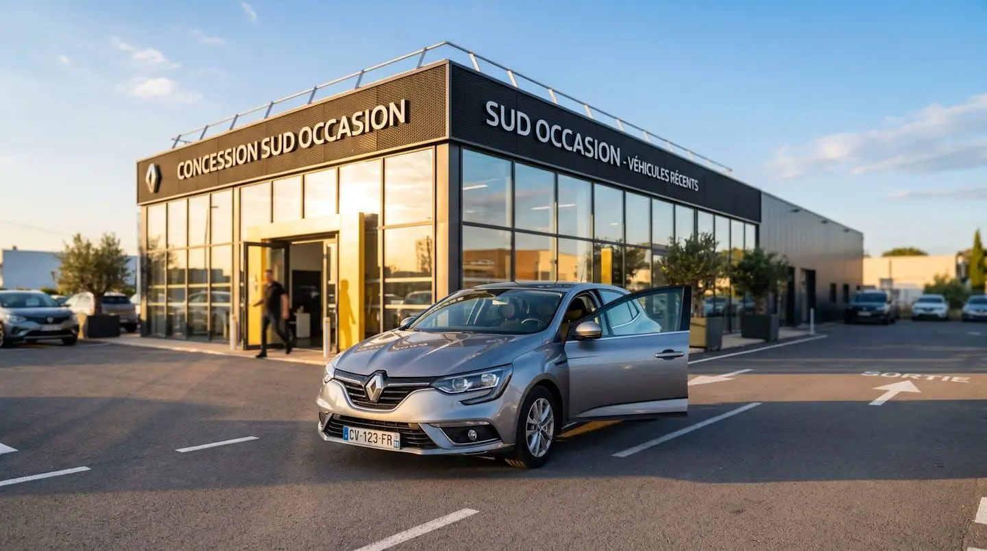 Véhicule d'occasion stationné devant l'entrée d'une concession automobile moderne dans le sud de la France, portière ouverte prête pour un essai routier