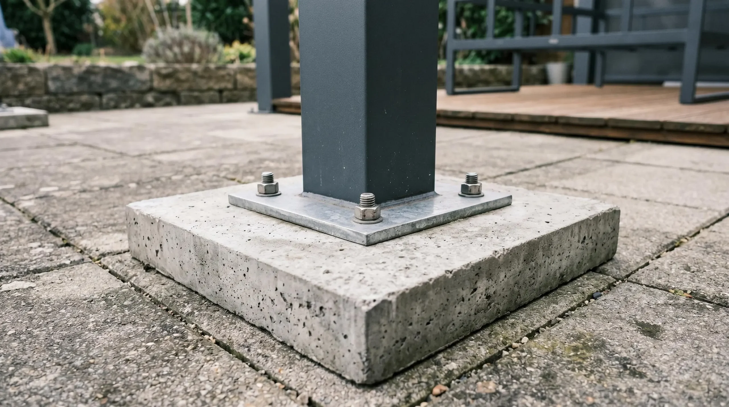 Gros plan sur le pied d'un poteau de pergola en aluminium avec platine de fixation métallique boulonnée, reposant sur une dalle de lestage en béton posée sur terrasse carrelée