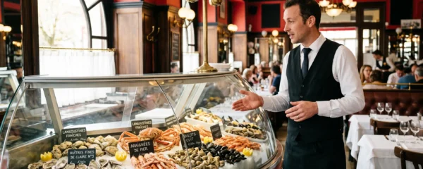 Banc réfrigéré vitré garni de fruits de mer frais (huîtres, tourteaux, langoustines) sur glace pilée dans une brasserie Belle Époque à Annecy, avec serveur debout expliquant la sélection à un client