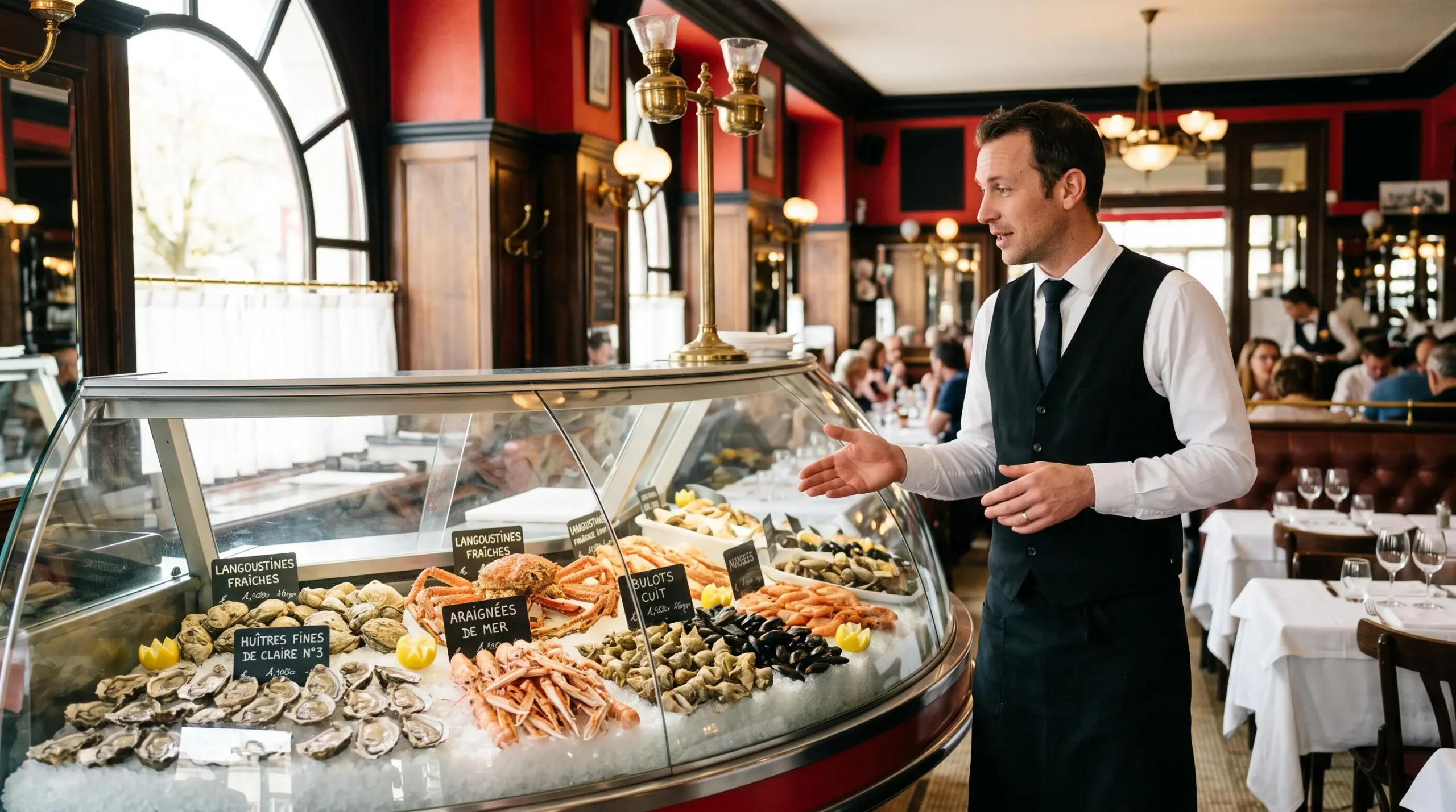 Banc réfrigéré vitré garni de fruits de mer frais (huîtres, tourteaux, langoustines) sur glace pilée dans une brasserie Belle Époque à Annecy, avec serveur debout expliquant la sélection à un client