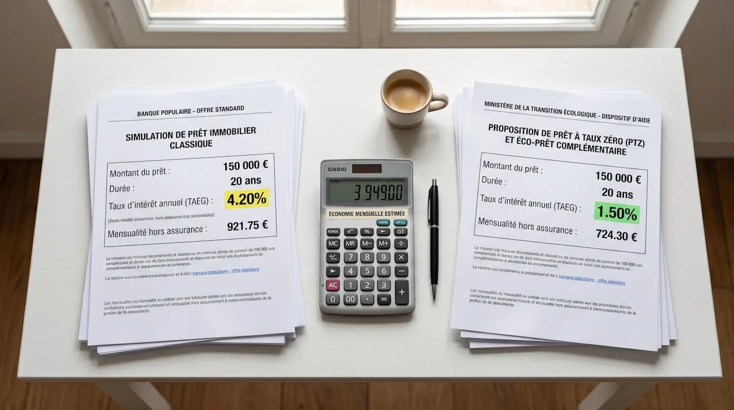 Comparaison visuelle de deux offres de financement sur bureau : prêt bancaire classique à gauche et prêt bonifié à droite, avec calculatrice montrant l'économie réalisée