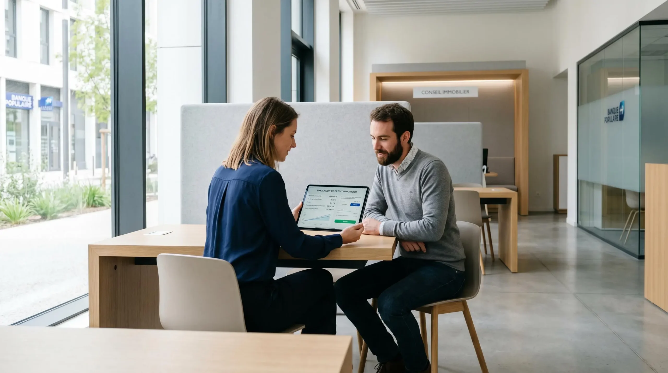 Un couple consulte les résultats d'une simulation de crédit immobilier sur une tablette dans un environnement bancaire moderne