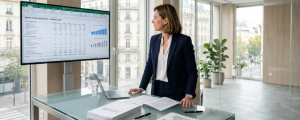 Dirigeant d'entreprise consultant des projections financières sur écran mural dans un bureau contemporain lumineux avec documents de financement sur le bureau