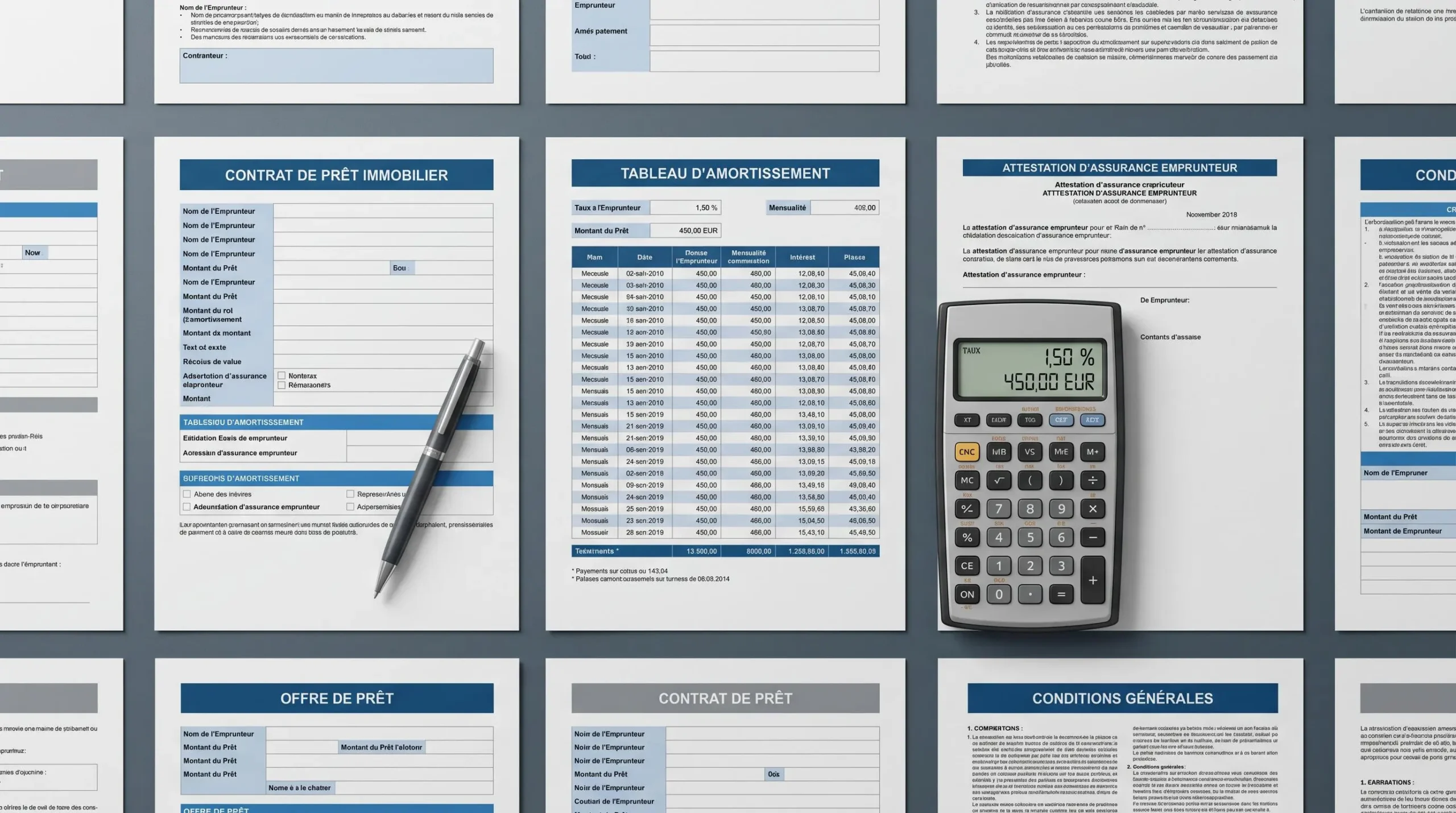 Documents de crédit immobilier organisés sur un bureau avec calculatrice, montrant les différents paramètres du financement