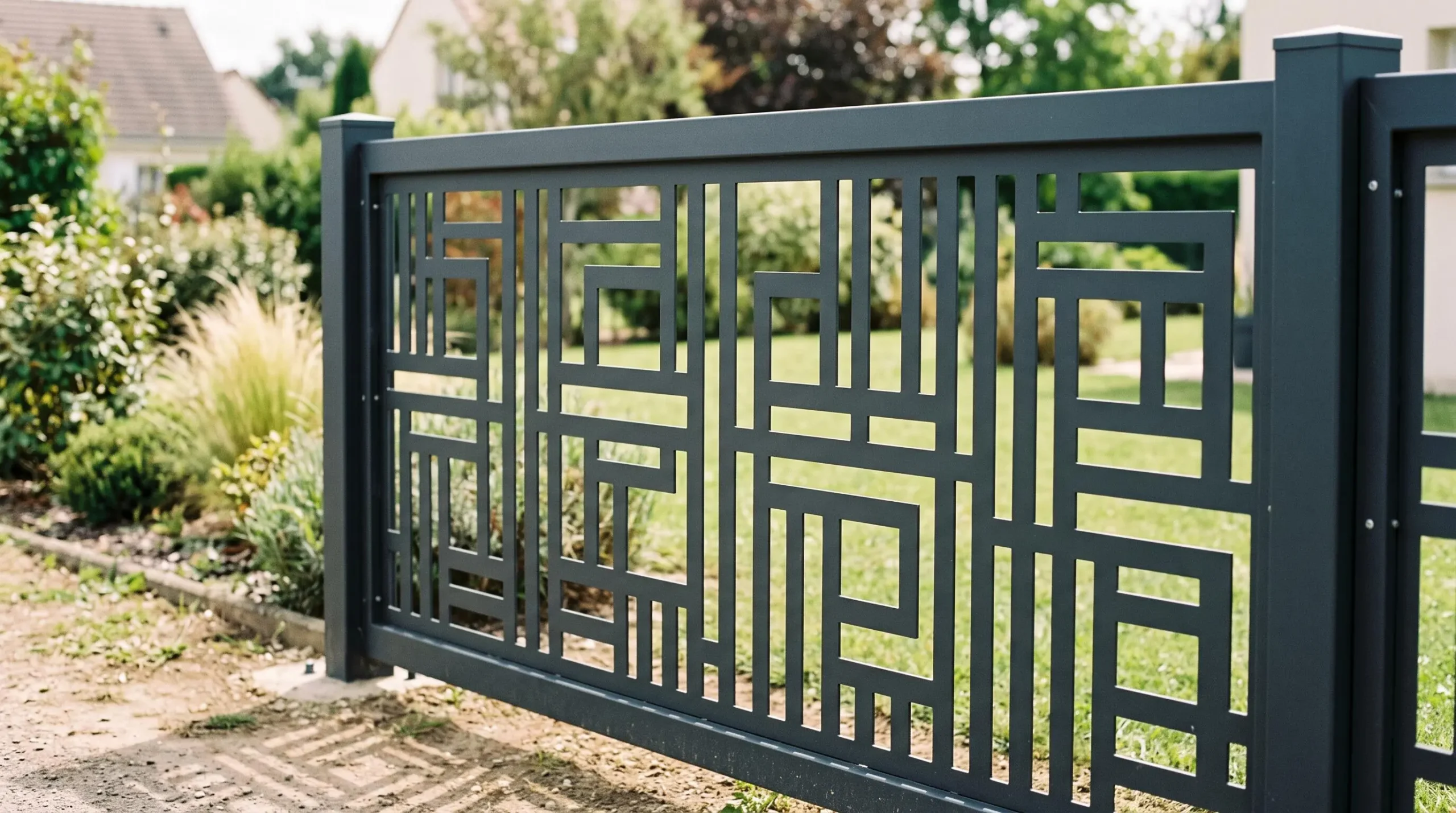 Gros plan sur panneau de clôture aluminium anthracite avec découpe laser géométrique, végétation visible à travers les motifs, installation sur poteaux aluminium