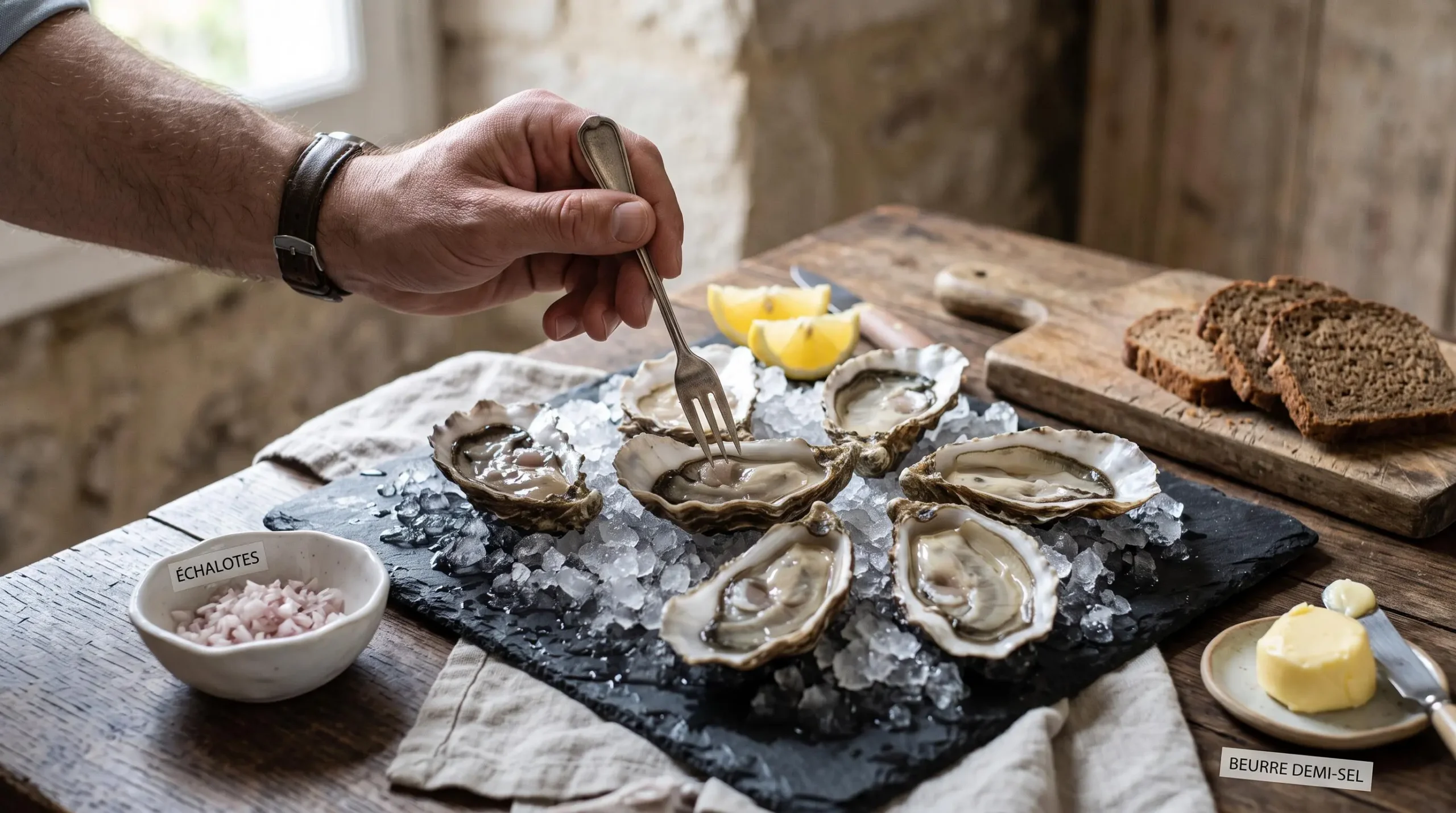 Gros plan sur huîtres fraîches ouvertes disposées sur ardoise noire avec glace pilée, accompagnées de citron, échalote, pain de seigle et beurre salé, main tenant une fourchette à huîtres