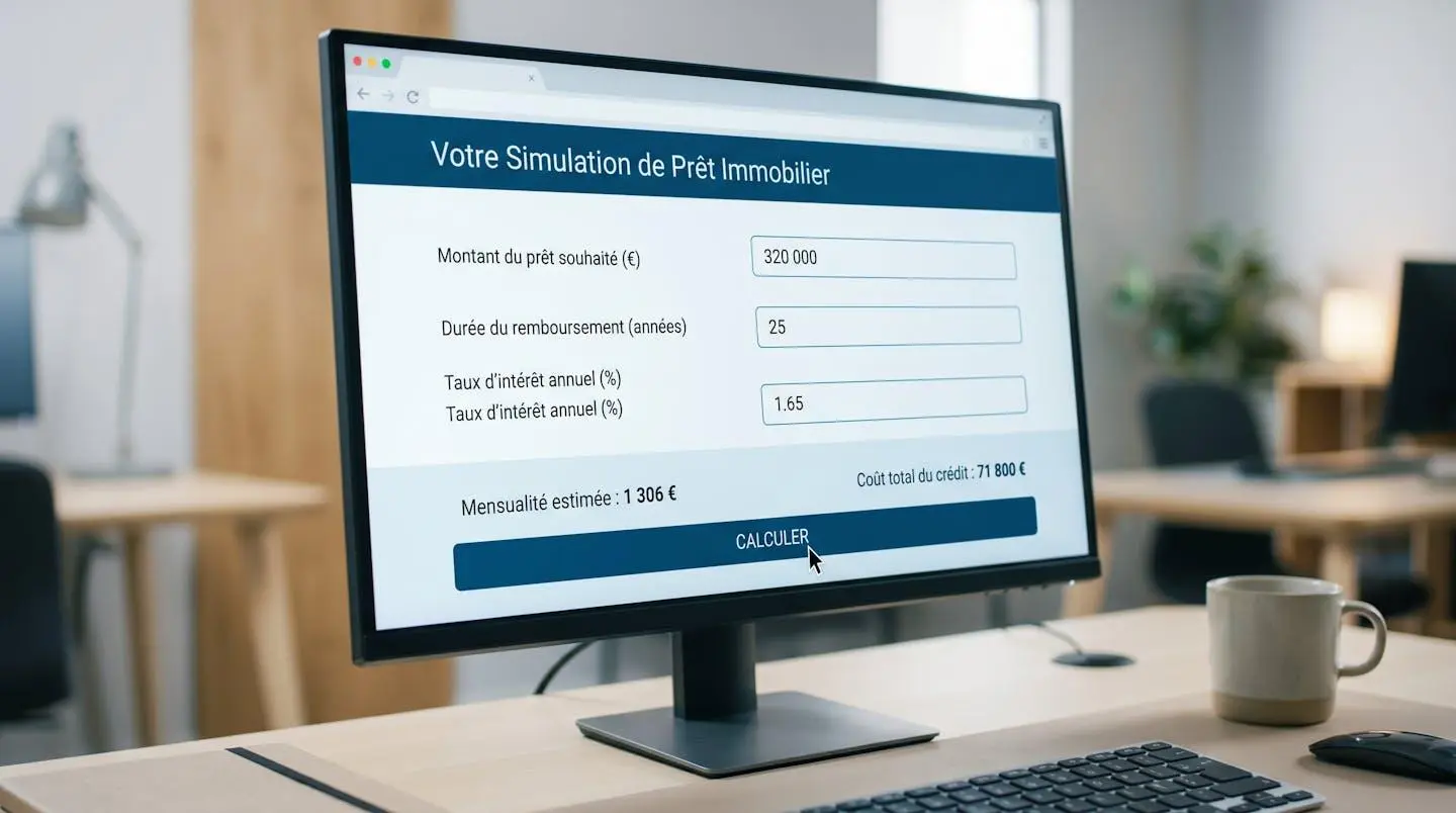 Interface utilisateur d'un simulateur de crédit immobilier en ligne affichée sur un écran d'ordinateur