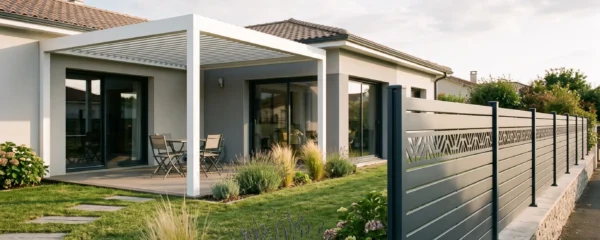 Jardin résidentiel moderne avec clôture aluminium anthracite à lames horizontales au premier plan et pergola bioclimatique blanche en arrière-plan, pelouse entretenue et maison contemporaine, lumière de fin de journée
