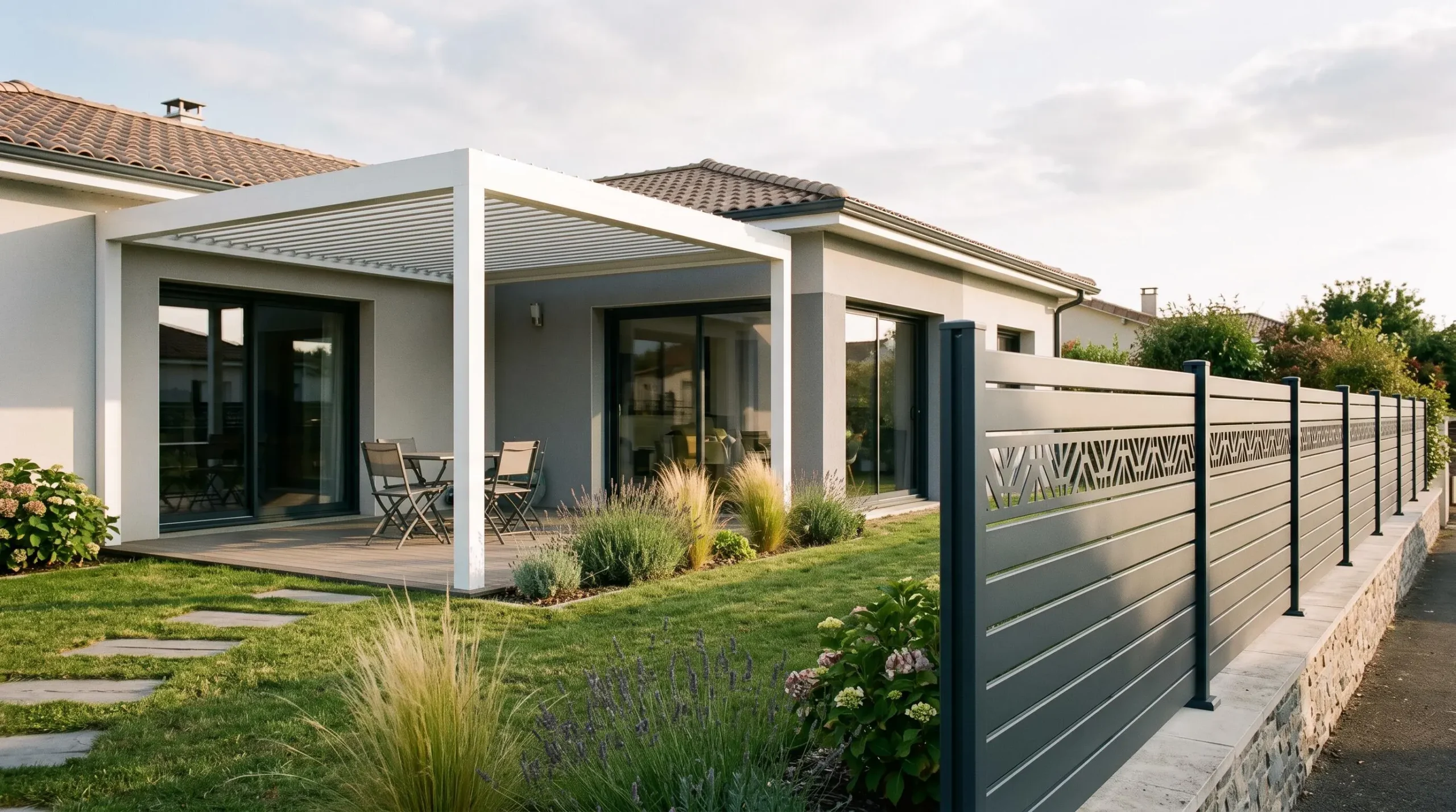 Jardin résidentiel moderne avec clôture aluminium anthracite à lames horizontales au premier plan et pergola bioclimatique blanche en arrière-plan, pelouse entretenue et maison contemporaine, lumière de fin de journée