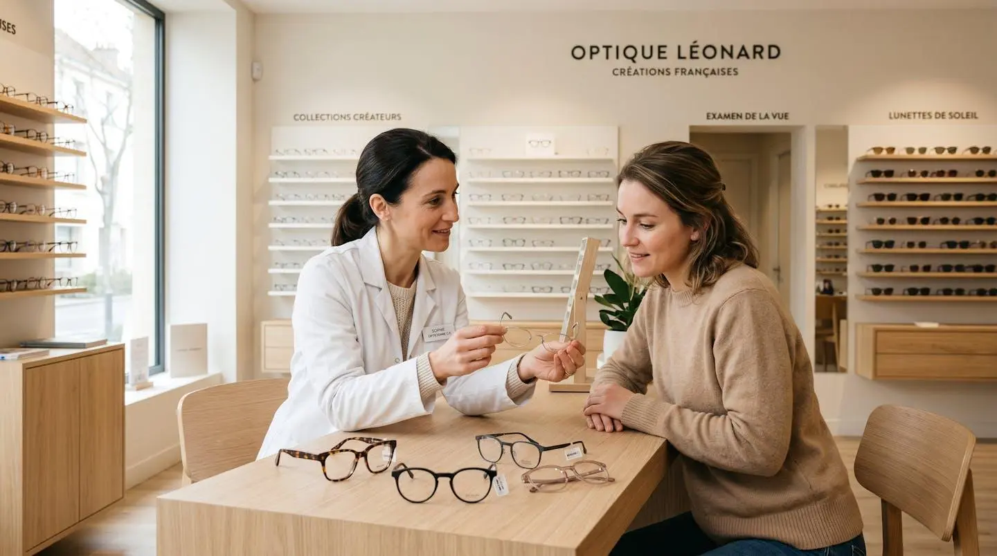Opticienne française présentant une monture de lunettes à une cliente assise, quatre paires de styles variés posées sur comptoir en bois clair dans boutique d'optique lumineuse aux tons neutres
