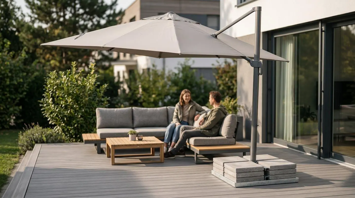 Parasol déporté 3x3m avec mât latéral et toile beige déployée, base carrée avec dalles de lestage empilées visibles, installé sur terrasse moderne avec salon de jardin sous l'ombre
