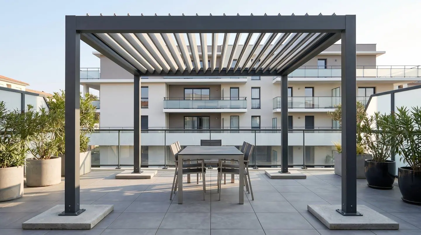 Pergola autoportée en aluminium anthracite installée sur terrasse de copropriété moderne, lames orientables semi-ouvertes, mobilier de jardin dessous, dalles de lestage visibles aux pieds de la structure