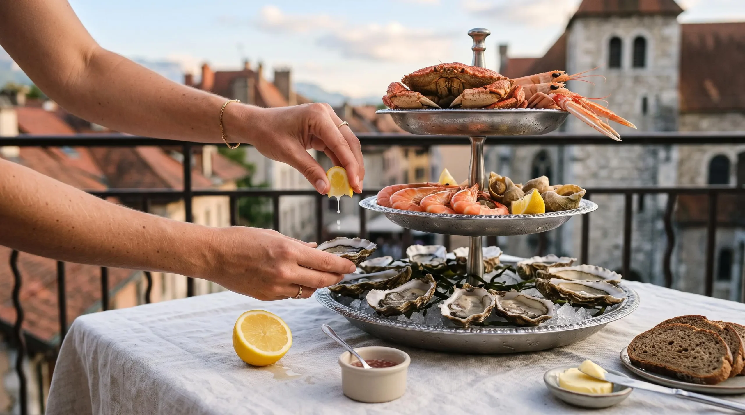 Plateau de fruits de mer à étages (huîtres, crevettes, tourteau, langoustines) sur table de terrasse avec mains pressant un citron, toits de la vieille ville d'Annecy en arrière-plan flouté