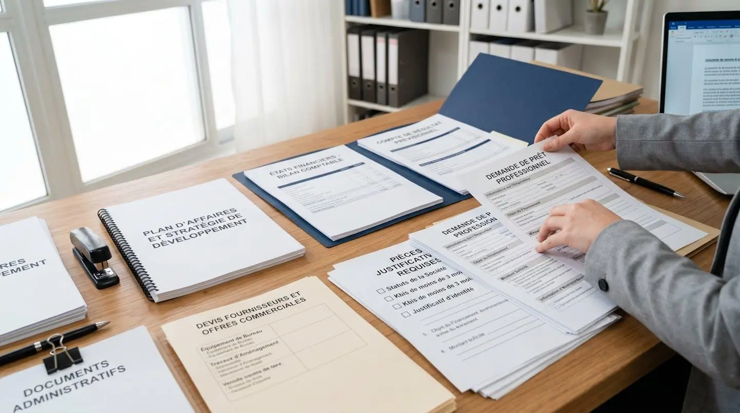 Professionnel organisant méthodiquement les documents d'un dossier de demande de prêt : business plan, états financiers, devis et formulaires administratifs
