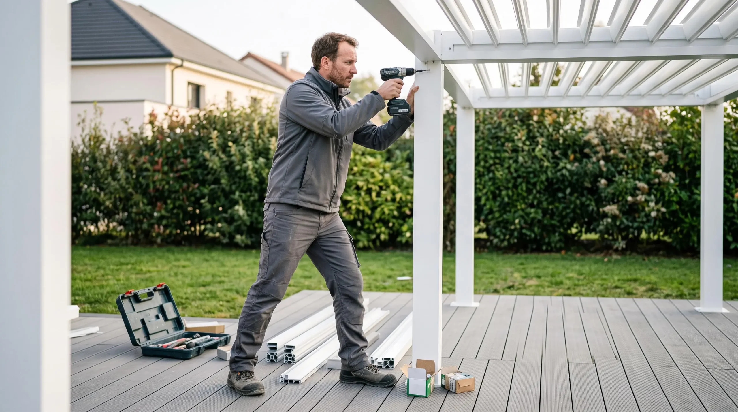 Technicien professionnel debout en tenue de chantier installant une pergola bioclimatique aluminium blanche sur terrasse composite, visseuse électrique en main, matériaux au sol, jardin résidentiel en arrière-plan