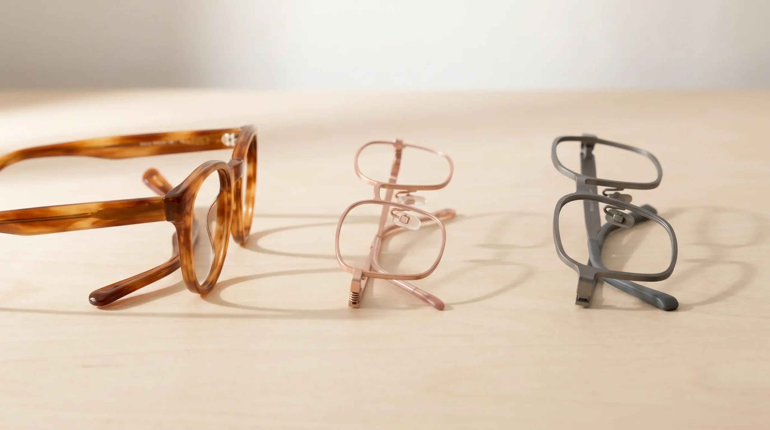Trois montures de lunettes de vue alignées sur bois clair : acétate écaille havane brillant, métal doré rosé mat fin, titane gris anthracite brossé, gros plan révélant textures contrastées