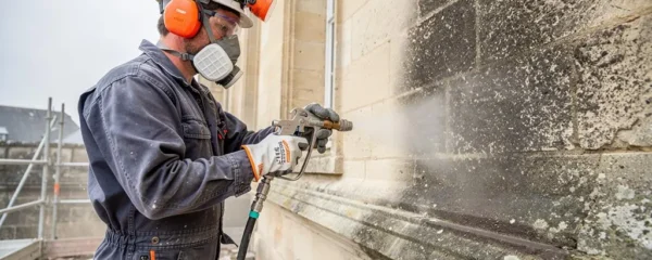 Professionnel en équipement de protection réalisant un aérogommage sur une façade en pierre ancienne lors d'un chantier de rénovation