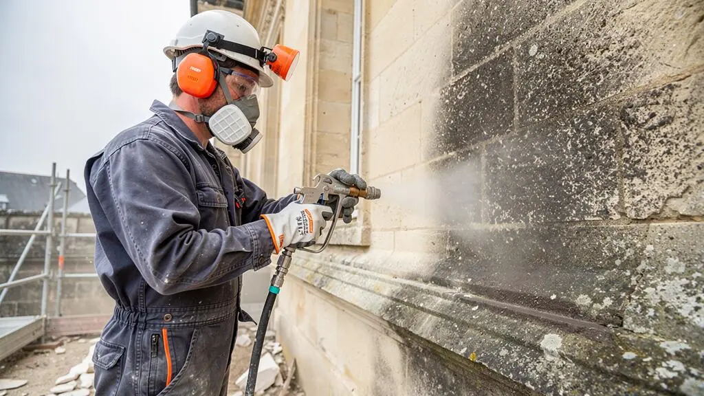 Professionnel en équipement de protection réalisant un aérogommage sur une façade en pierre ancienne lors d'un chantier de rénovation