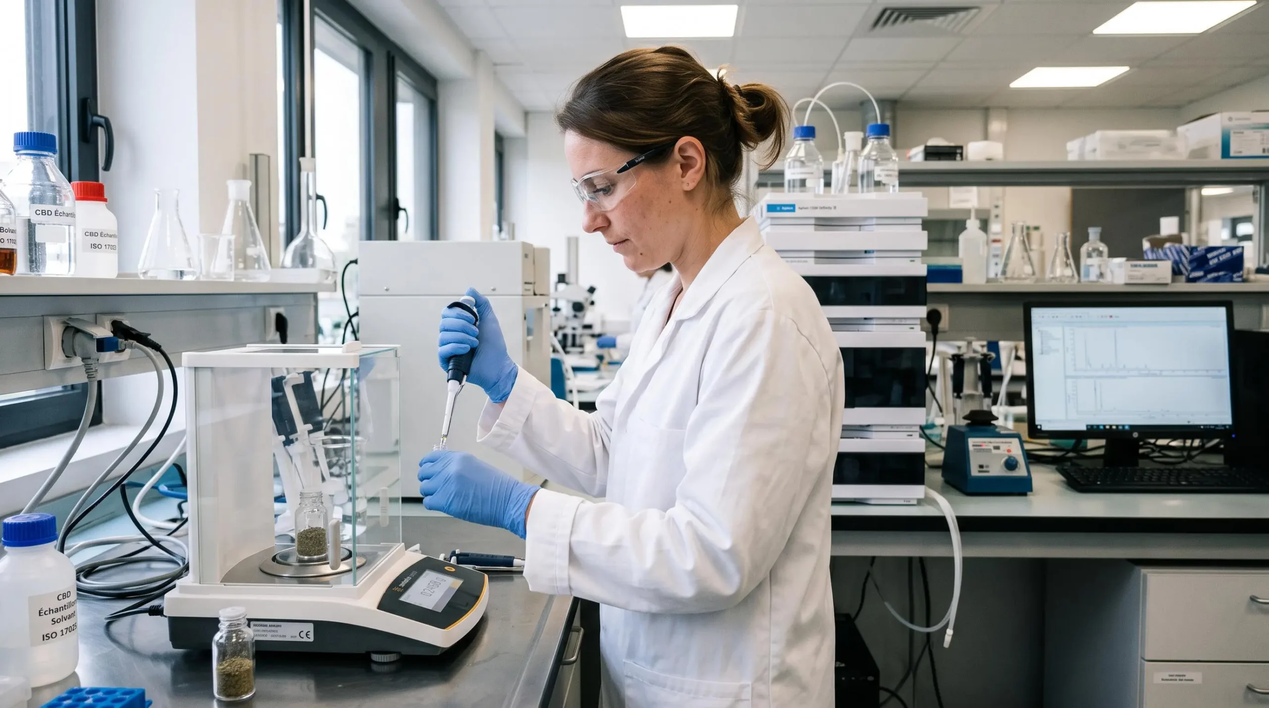 Technicien de laboratoire analysant des échantillons de CBD avec du matériel scientifique professionnel