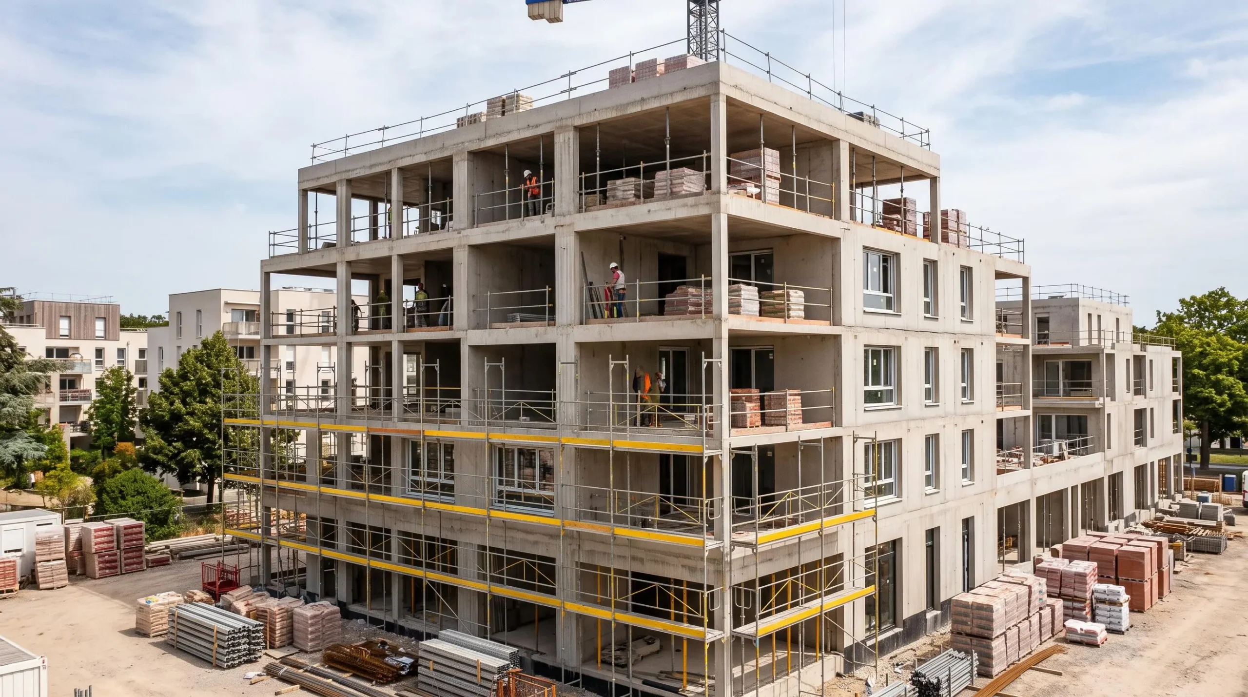 Immeuble d'habitation neuf en construction montrant la structure en béton et l'avancement des travaux