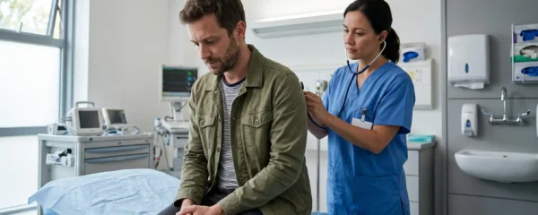 Voyageur français en consultation médicale dans une salle d'urgence hospitalière à l'étranger, examiné par un professionnel de santé
