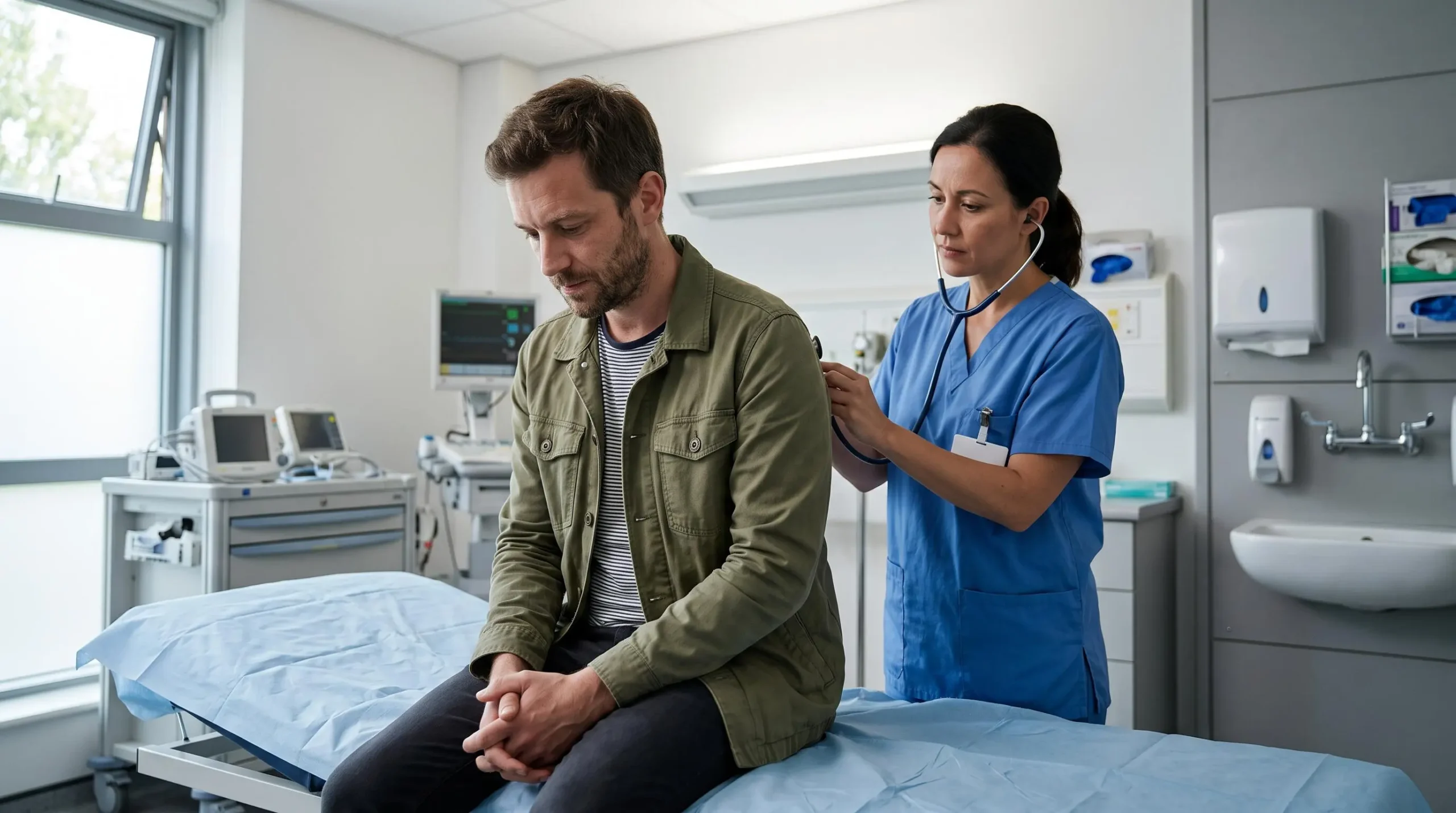 Voyageur français en consultation médicale dans une salle d'urgence hospitalière à l'étranger, examiné par un professionnel de santé