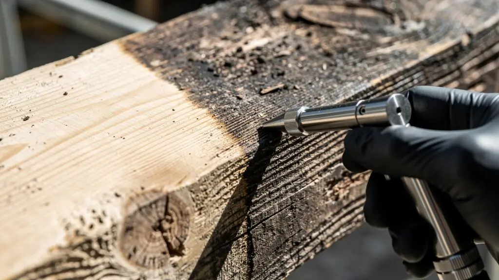 Gros plan sur une poutre en bois ancien montrant le contraste entre la partie décapée révélant le grain naturel et la partie encore couverte de patine sombre