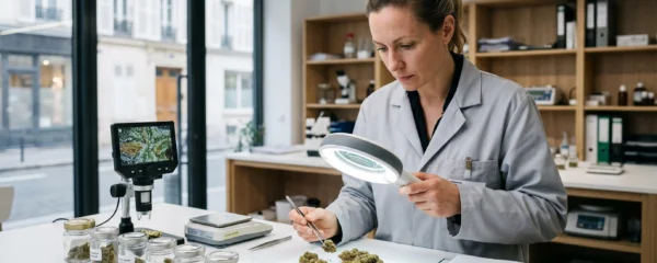 Contrôleur qualité inspectant des fleurs de CBD avec du matériel professionnel sur une table de travail