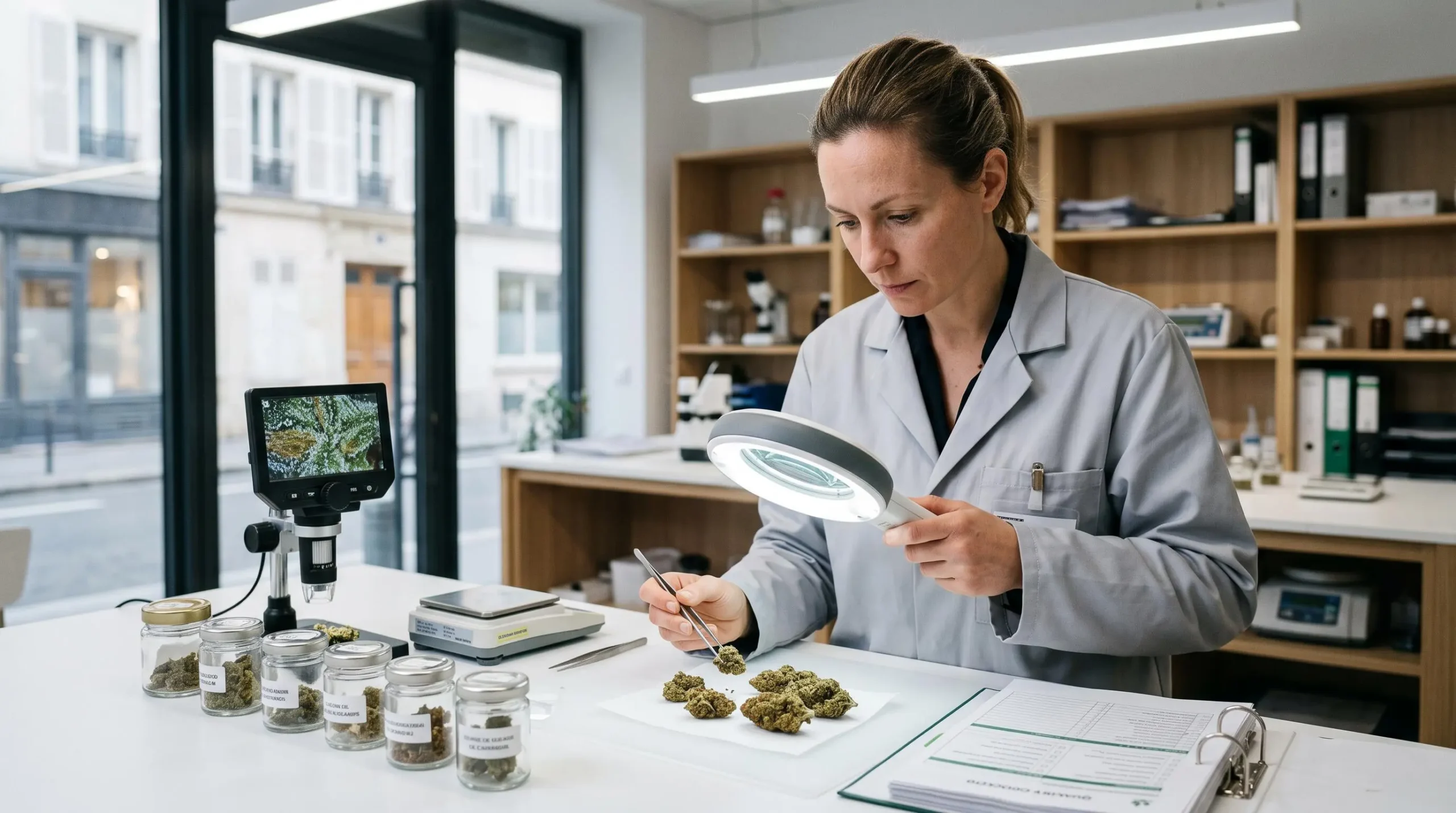 Contrôleur qualité inspectant des fleurs de CBD avec du matériel professionnel sur une table de travail