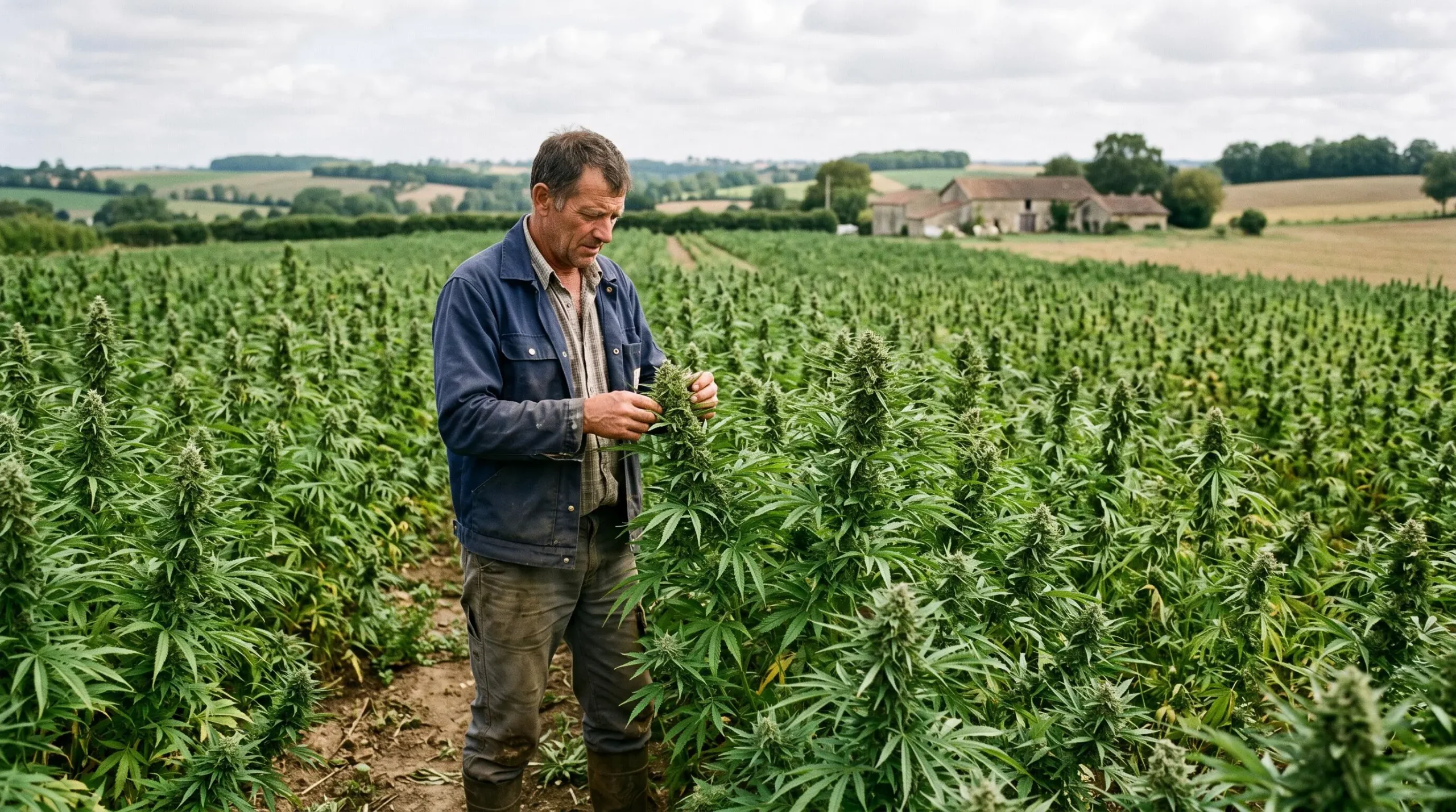 Agriculteur inspectant des plants de chanvre CBD dans un champ de culture en France