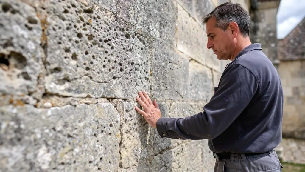 Spécialiste du traitement de surface examinant un mur en pierre ancienne avec la main pour évaluer sa fragilité avant intervention