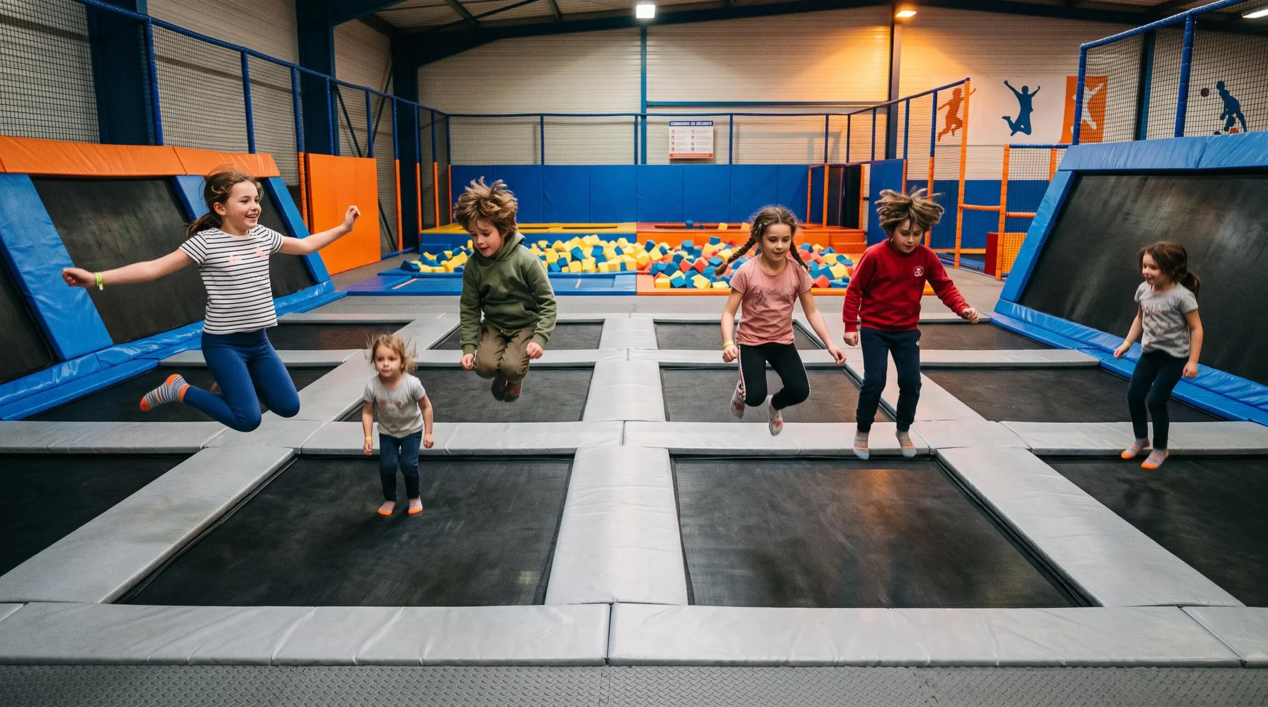 Groupe d'enfants sautant activement sur des trampolines dans un parc de loisirs indoor lors d'une fête d'anniversaire