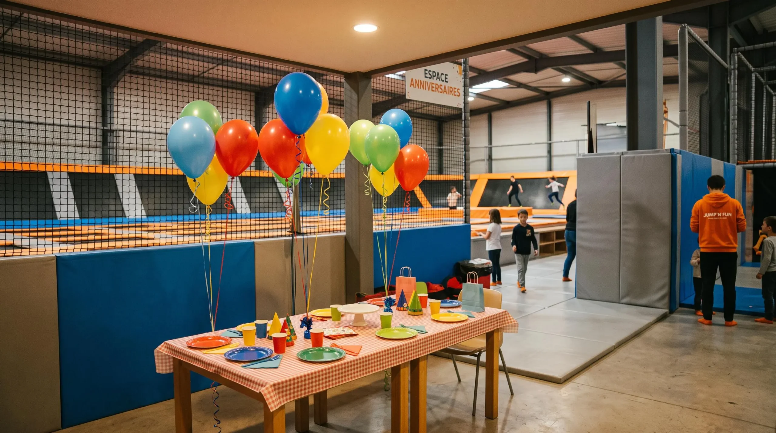 Espace anniversaire aménagé avec table décorée et ballons colorés à l'intérieur d'un trampoline park