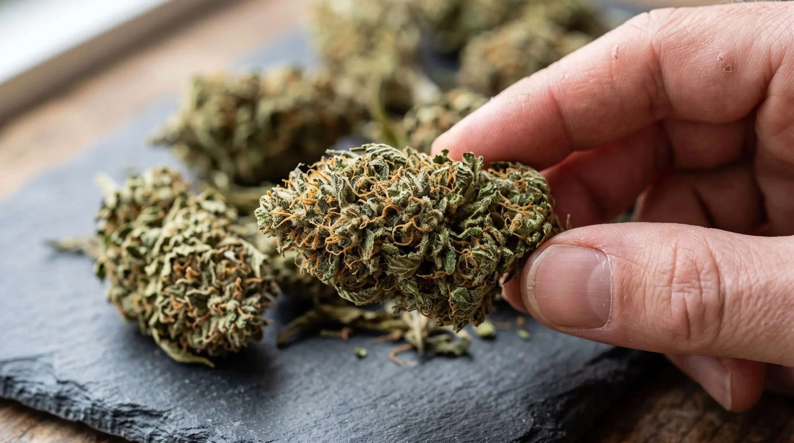 Gros plan sur des fleurs de CBD de qualité montrant les détails botaniques et les trichomes