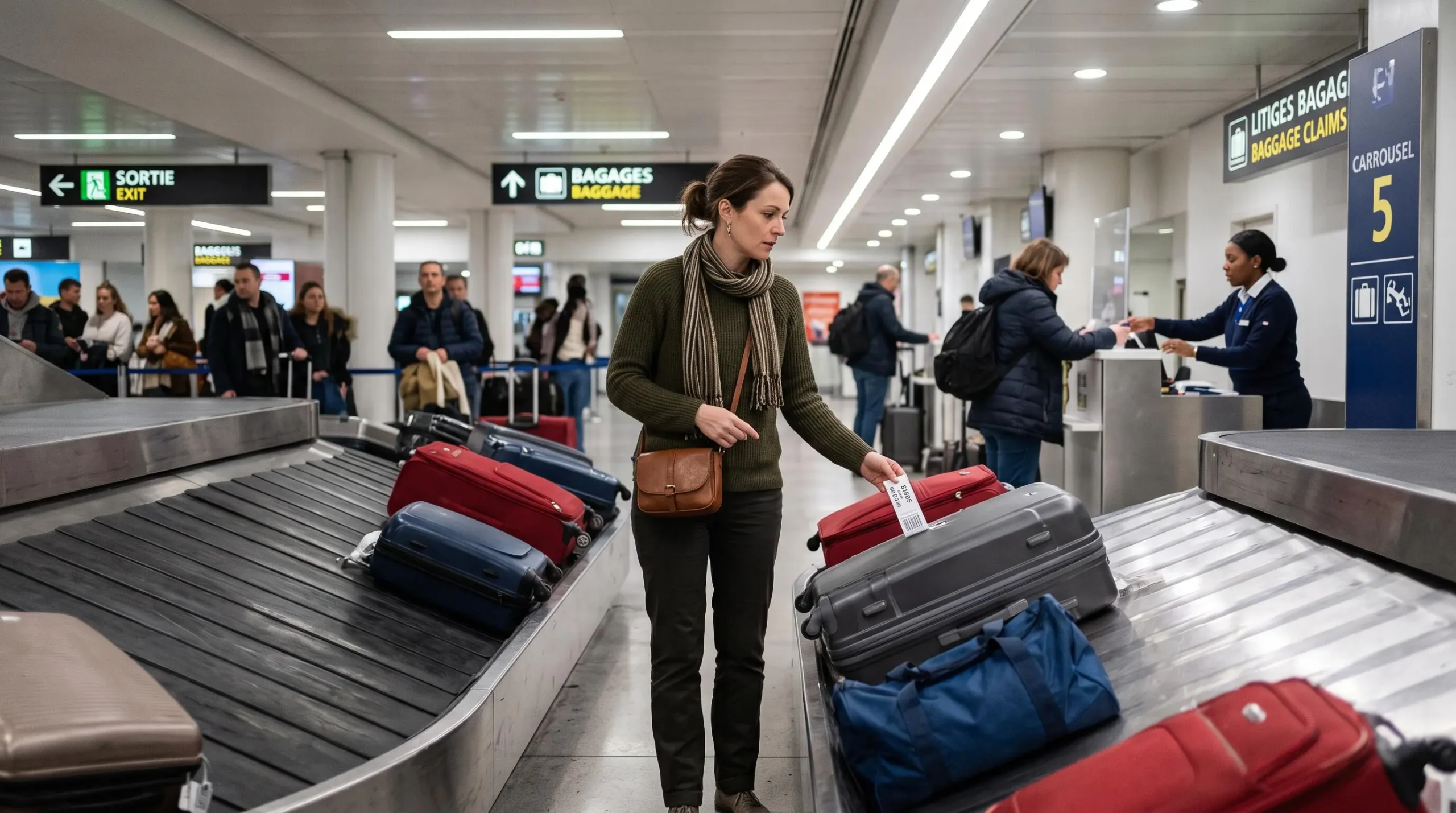 Voyageur debout près du carrousel à bagages dans un aéroport, examinant la situation lors d'un problème de récupération de bagages