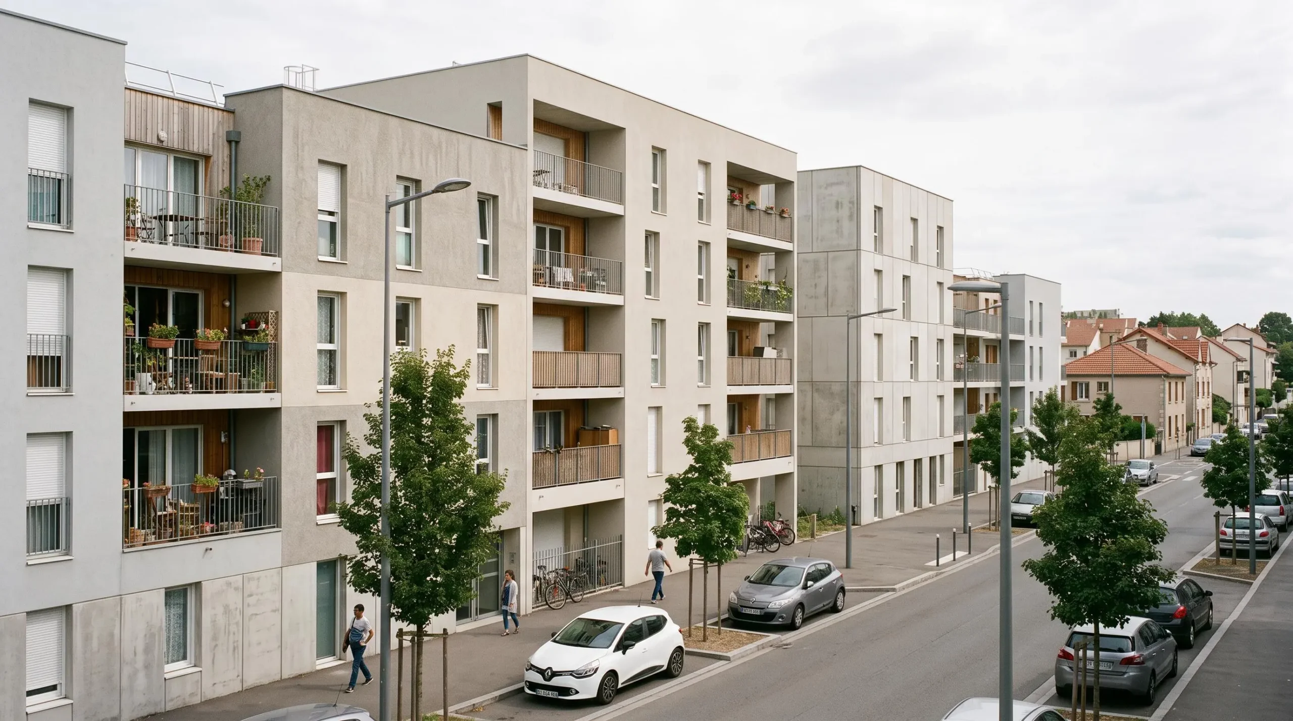 Quartier résidentiel français avec immeubles neufs contemporains dans une zone urbaine de taille moyenne