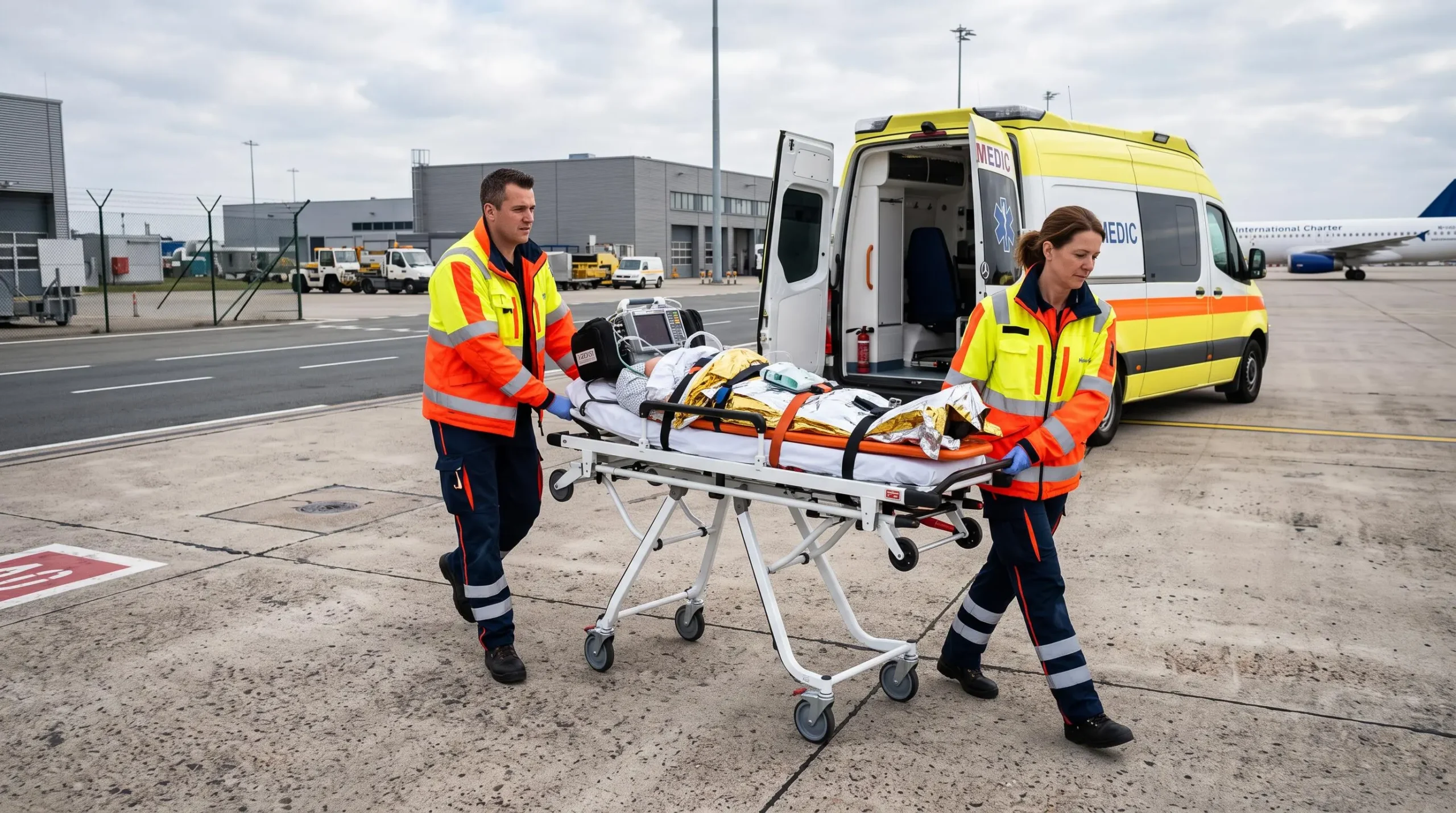 Équipe paramédicale transférant un patient sur brancard vers un véhicule de transport médical sur le tarmac d'un aéroport