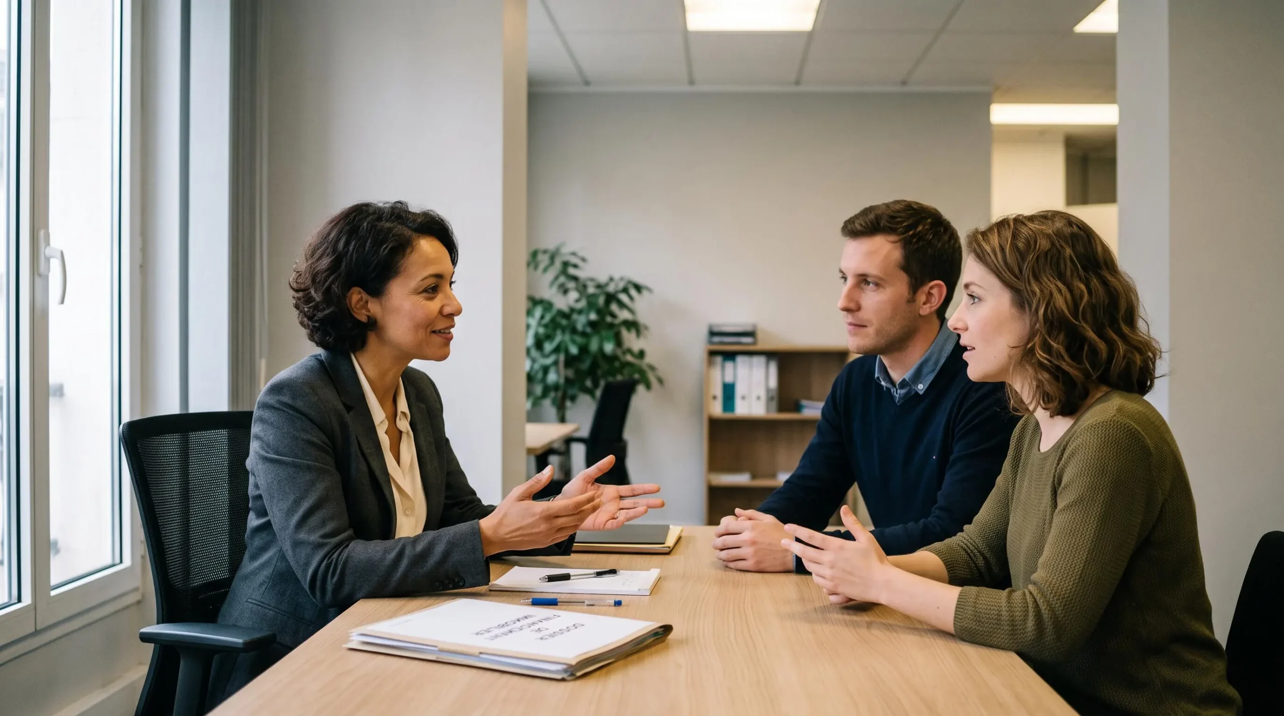 Conseiller financier rencontrant un jeune couple autour d'une table pour discuter d'un dossier de financement immobilier