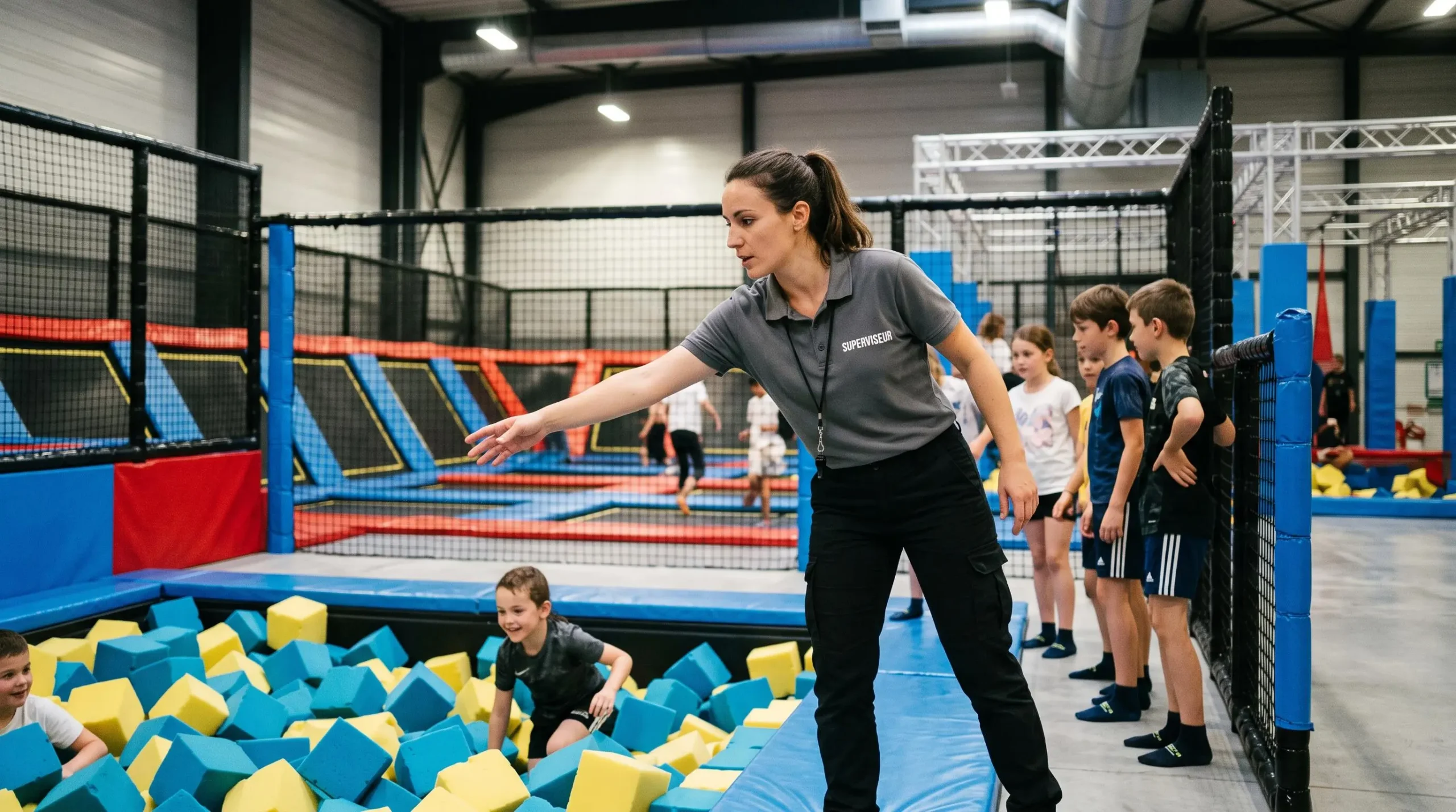 Animateur professionnel en tenue de travail supervisant activement des enfants près d'une zone de sécurité à mousses dans un trampoline park