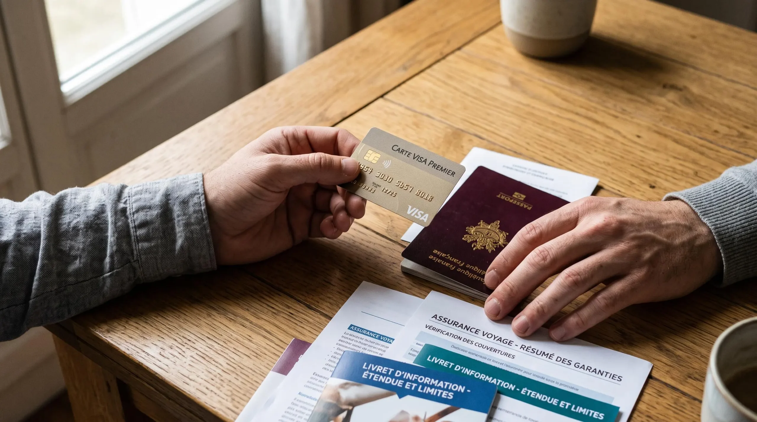 Voyageur vérifiant sa carte bancaire et ses documents d'assurance voyage sur une table à domicile avant son départ