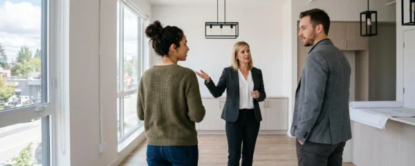 Jeune couple visitant un appartement neuf avec un agent immobilier dans un intérieur lumineux et contemporain