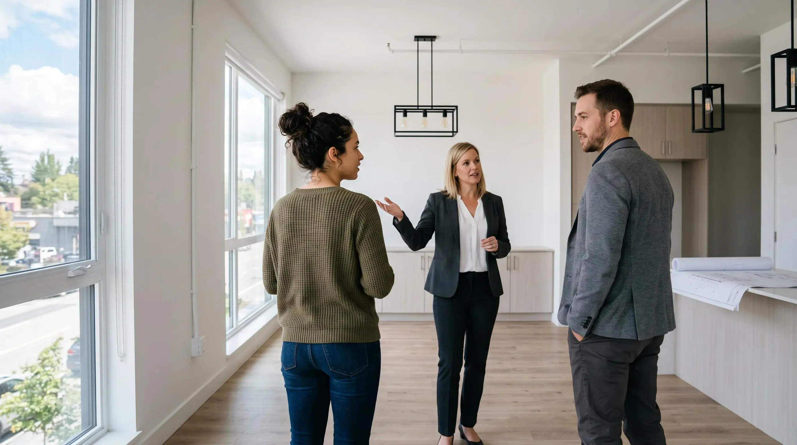 Jeune couple visitant un appartement neuf avec un agent immobilier dans un intérieur lumineux et contemporain
