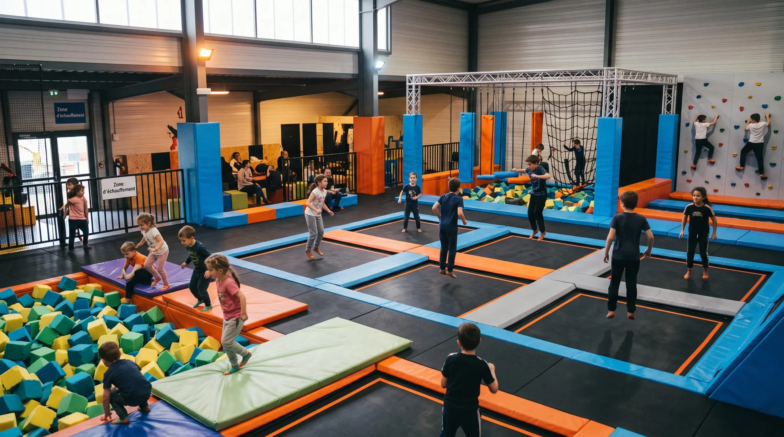Différentes zones d'activités dans un trampoline park montrant des enfants de plusieurs âges utilisant simultanément trampolines, fosse à mousses et parcours