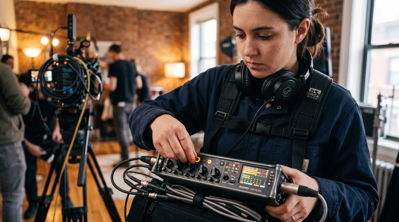 Un ingénieur du son règle les faders d'une table de mixage de terrain lors d'un tournage en intérieur.