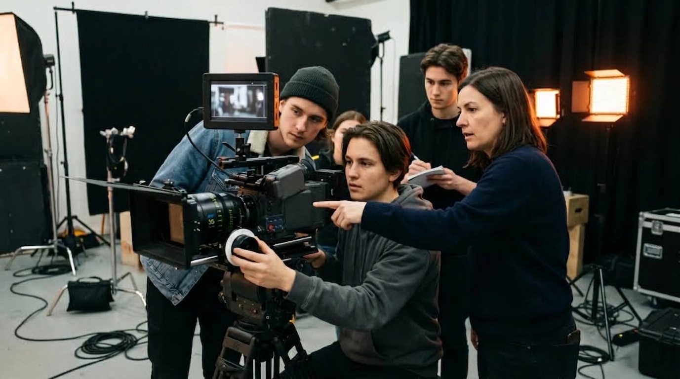 Des étudiants en formation audiovisuelle manipulent une caméra cinéma encadrés par une formatrice dans un studio pédagogique.