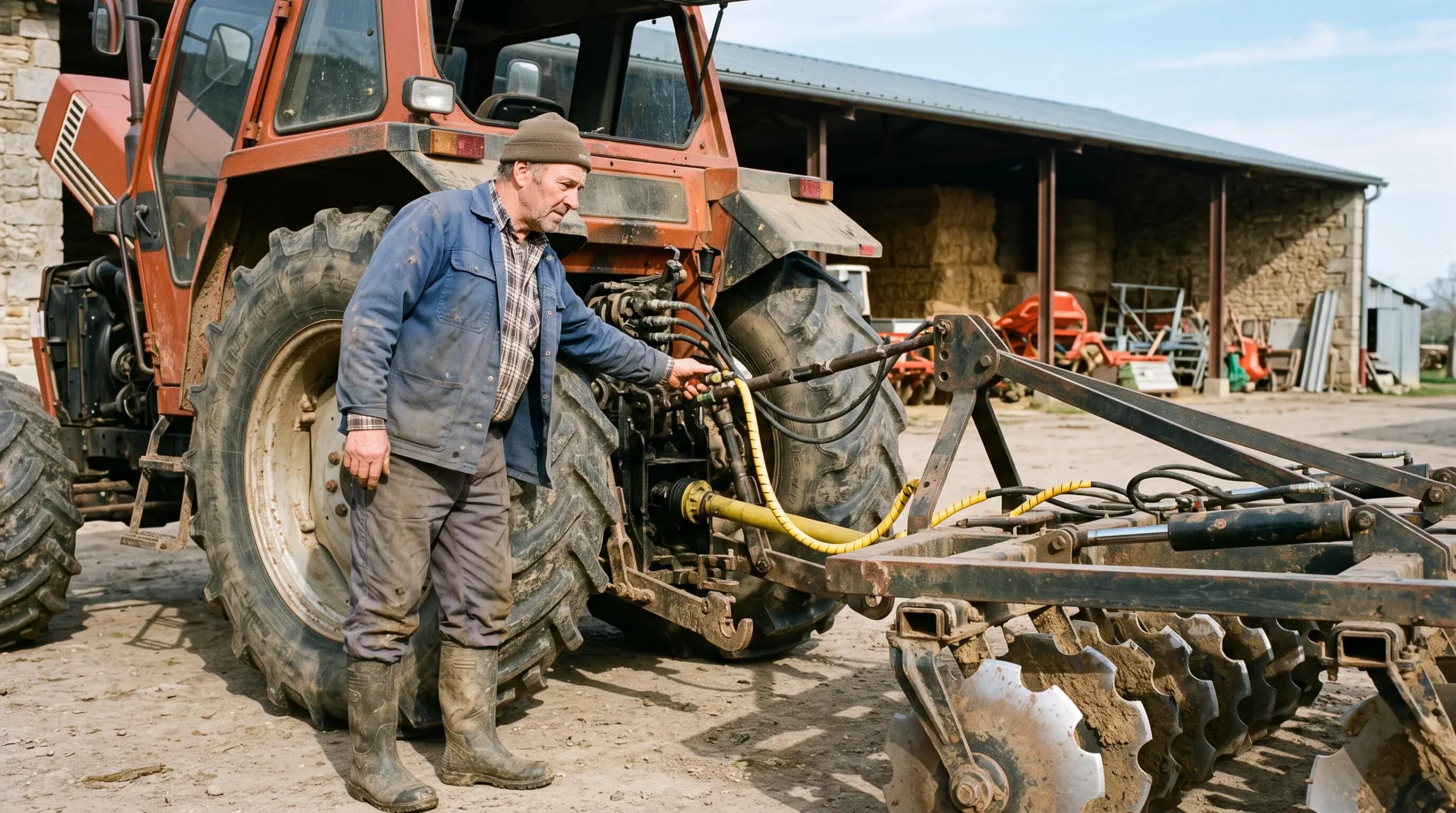 Un agriculteur vérifie le capot et les raccordements hydrauliques de son tracteur avant d'atteler un déchaumeur à disques devant un hangar agricole.