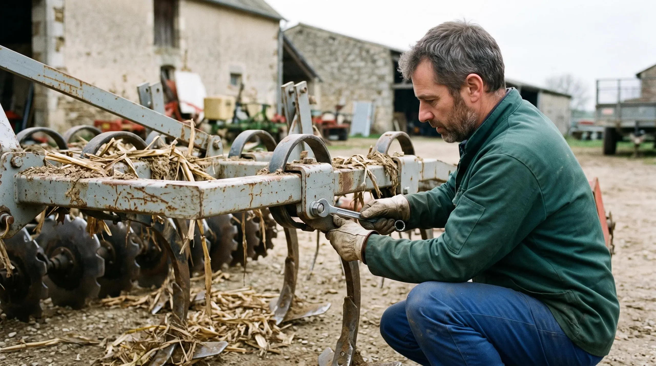 Un agriculteur accroupi ajuste un dent d'un déchaumeur à dents avec une clé, dans une cour de ferme, des résidus de maïs accrochés aux outils.