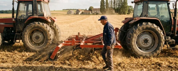 Un agriculteur travaille un champ de chaumes avec un tracteur attelé d'un déchaumeur, dans une plaine céréalière française en fin de journée.