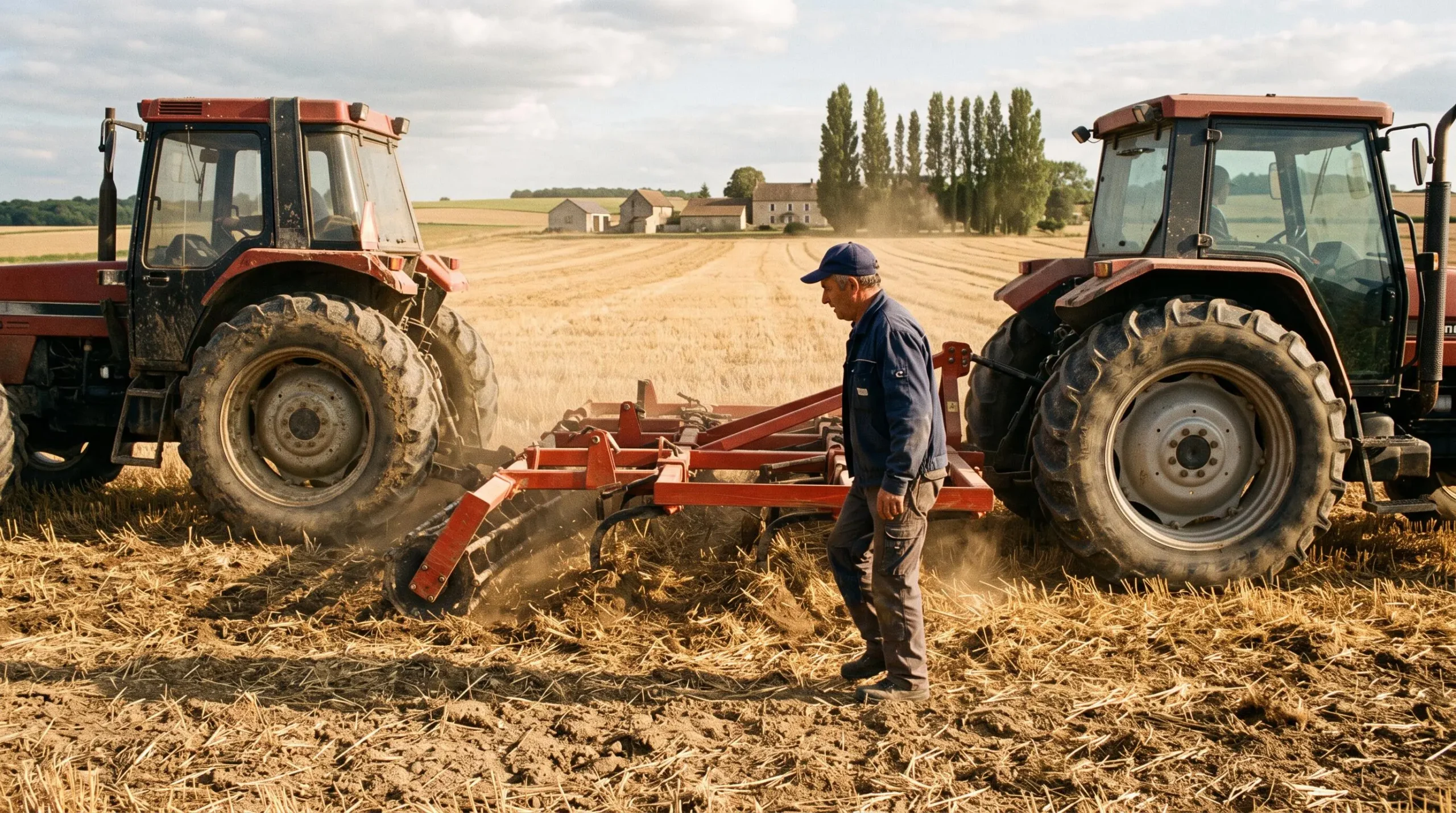 Un agriculteur travaille un champ de chaumes avec un tracteur attelé d'un déchaumeur, dans une plaine céréalière française en fin de journée.