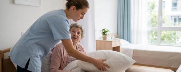 Une apprentie en tunique de soignant borde un oreiller auprès d'une résidente âgée dans une chambre lumineuse d'établissement pour personnes âgées.